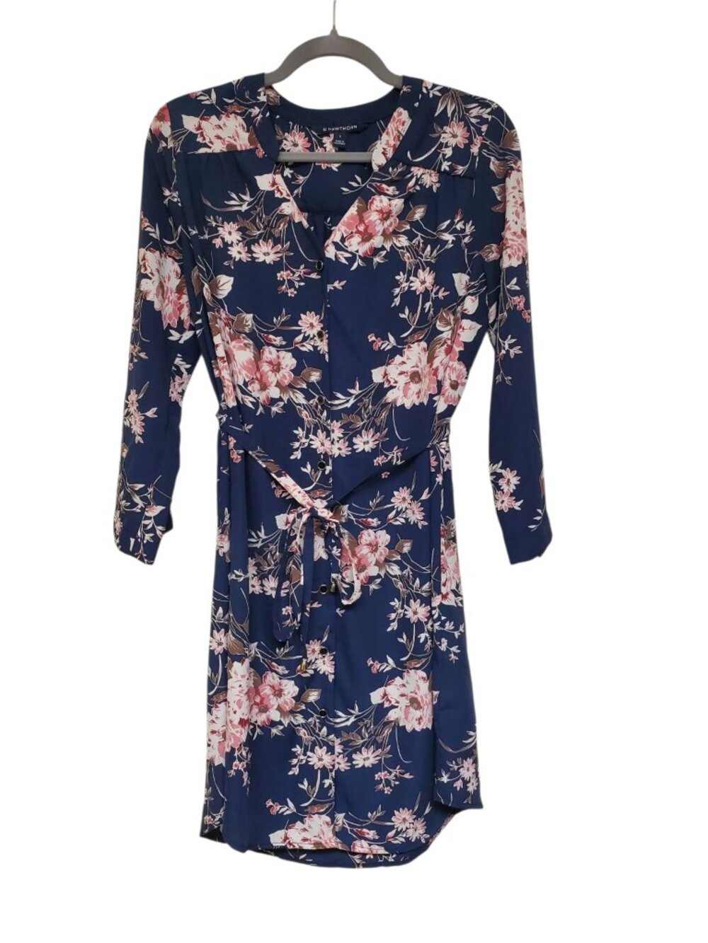 41 Hawthorn Women's Navy Pink Floral Print Long Sleeve Belted Shirtdress Size S